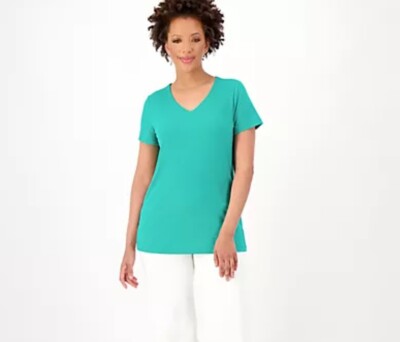 Susan Graver Modern Essentials Short-Sleeve Liquid Knit Top Jade XXS A602004
