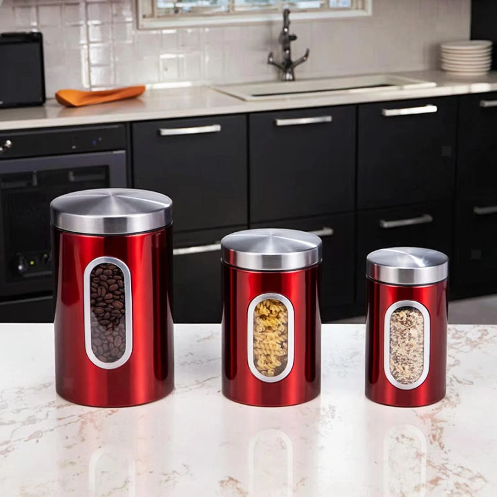 3Pcs Stainless Steel Jars with Clear Window Countertop Sealed Jars Food Storage