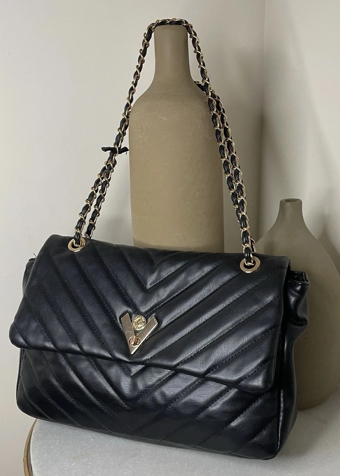 Borsa a tracolla VALENTINO ORLANDI nera trapuntata tracolla catena metallo pelle vegan