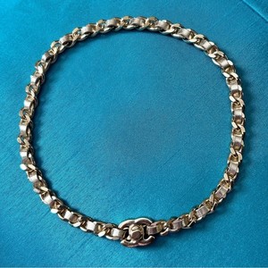Authentic Chanel Leather & Chain CC Turn Lock Gold Plated Choker Necklace