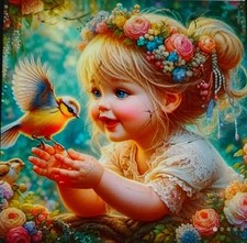 A Little Girl With A Bird Round Acrylic Diamond Kit 30x30cm