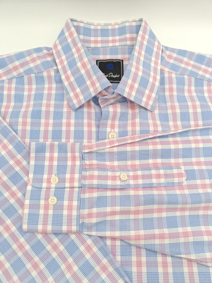 🇺🇲 Camisa de vestir David Donahue para hombre 100 % algodón 16x33 azul rosa a cuadros Foto 2 de 4