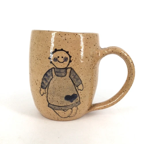 Vtg Stoneware salt glazed mug w country rag doll design Signed Woll