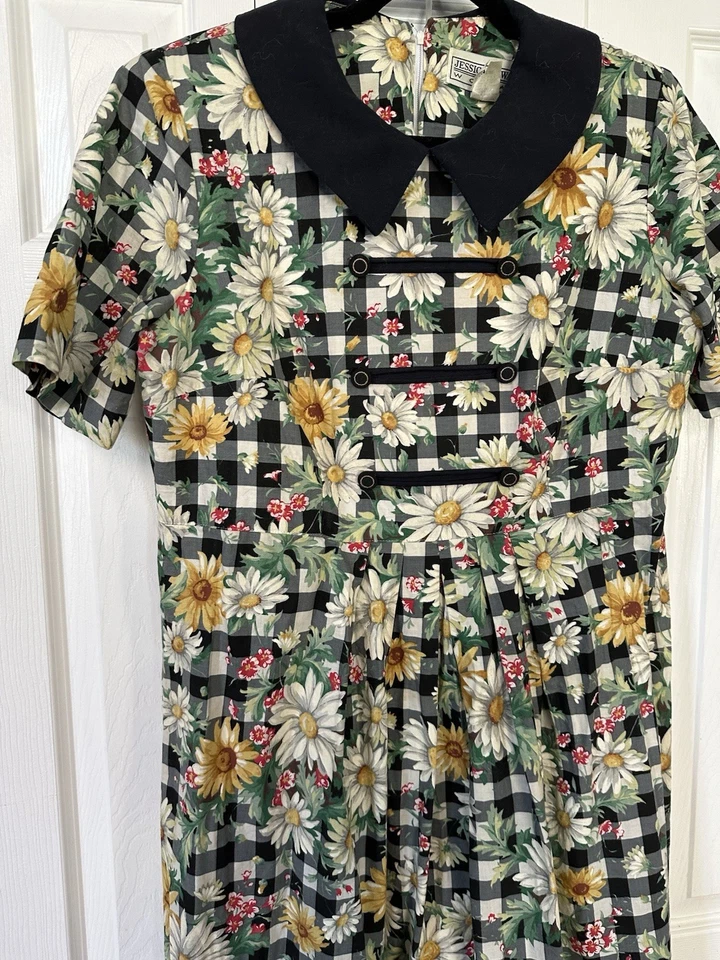 Vestido Floral Vintage Jessica Howard Negro Blanco Cuadros Margarita Cottagecore Granny Talla 14 Foto 2 de 4