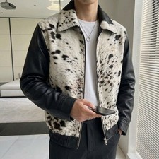 Men's Black White Cowhide Leather Jacket Hair On Hide Western Pony Style Jacket