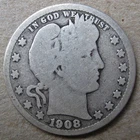 US 1908-D BARBER HEAD 90% SILVER QUARTER COIN (KM# 114)