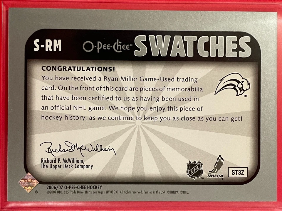2006-07 O-Pee-Chee Ryan Miller Swatches Jersey #S-RM Hockey Buffalo Sabres - Image 2 of 2