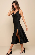 Lulus Sophisticated Impression Black Satin Backless Cowl Midi Dress Size Medium