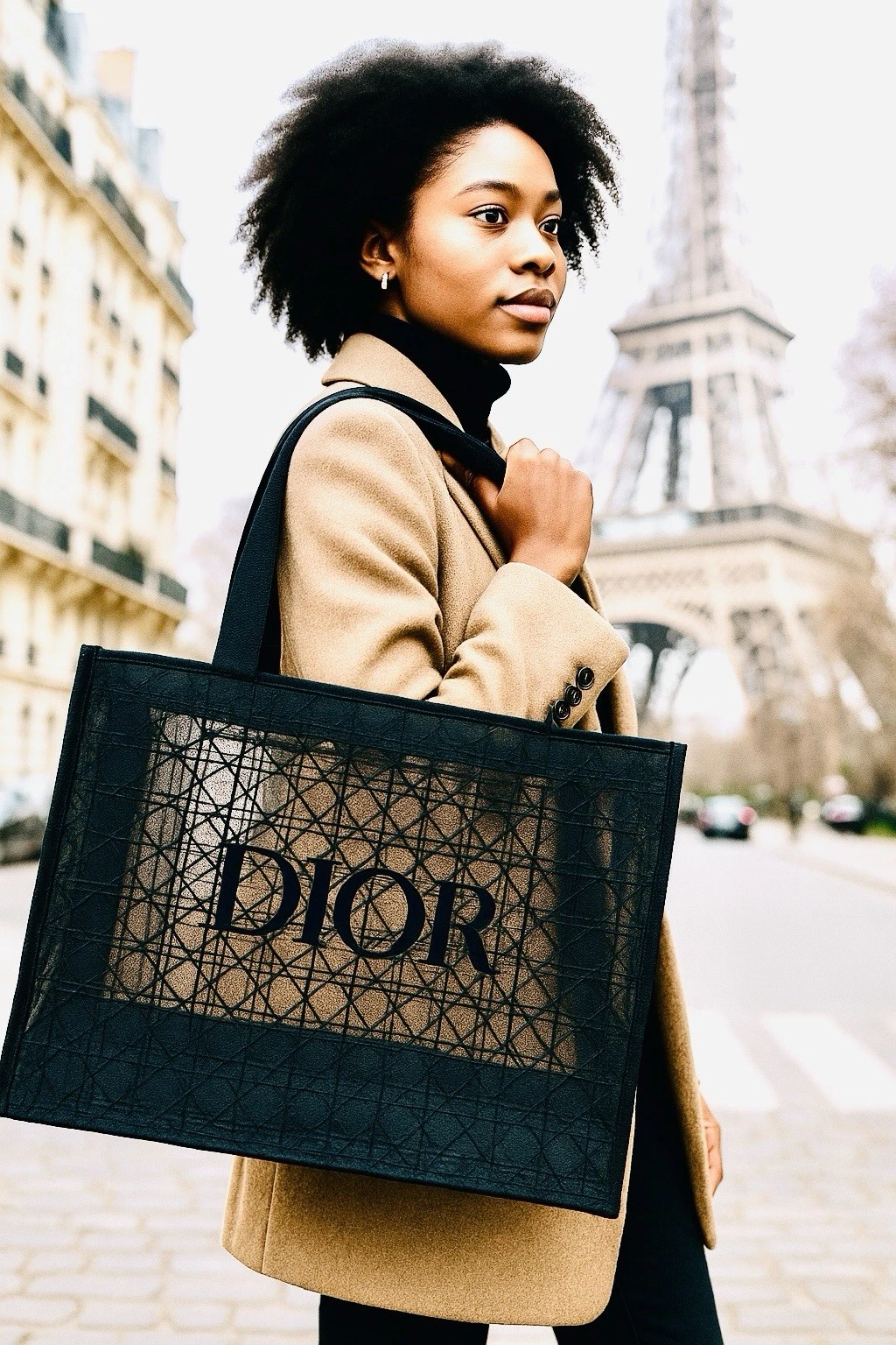 Black lace mesh tote with tan canvas trim and gold �DIOR� logo, set against Eiffel Tower on pedestrian street.
