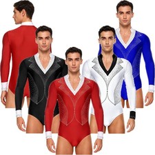 Mens Dance Bodysuit V Neck Long Sleeve Openable Crotch for Ballet Performance