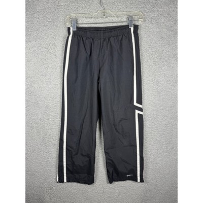 Y2K Nike Kids Track Pants Black White Side Stripe Jersey Lined Ankle Zip M 10-12