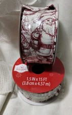15 ft Holiday Time WIRED CHRISTMAS RIBBON RED TOILE SANTA SNOWMAN Tree DIY 1.5"