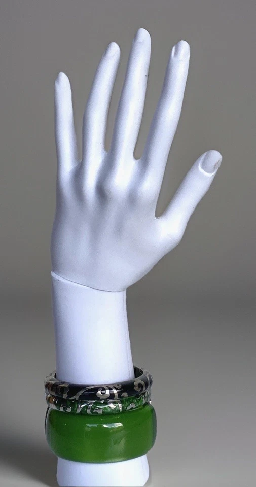 Lote de 3 Pulseras Abrazadera Verde, Negro Superposición Resina Mármol y Plateada 7" Foto 4 de 4