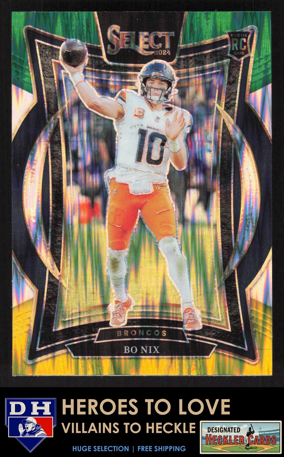 2024 Panini Select Green & Yellow Prizm Shock Bo Nix #30 Denver Broncos RC
