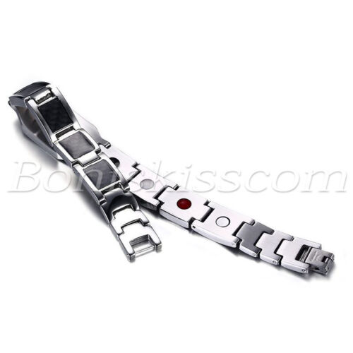 Men's Biker Stainless Steel Carbon Fiber Magnetic Bracelet Chain Free Engraving - Picture 8 of 19