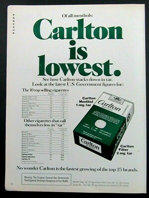 carlton cigarettes 1970s 1977 CARLTON MENTHOL CIGARETTES Carlton Is Lowest. Magazine Ad