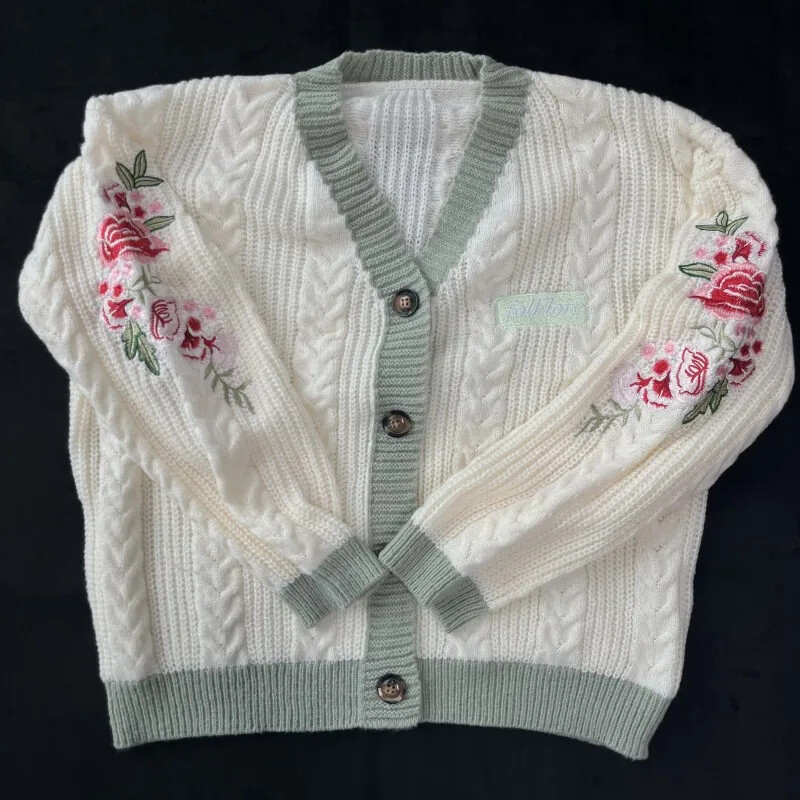 Cardigan Flower Embroidered Knitted Sweater Girl Vintage