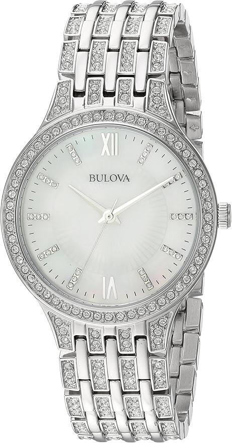 Bulova Mother of Pearl Dial Swarovski Accent 32mm Silver Stainless Steel Case and Strap Women s