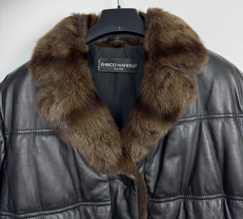 Chaqueta de cuero Enrico Mandelli ribete de piel talla 44 Foto 2 de 4