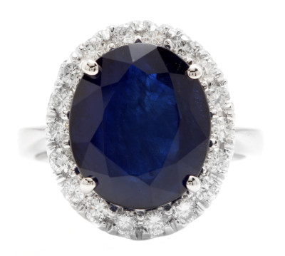  11.15Ct Natural Blue Sapphire & Diamond 14K White Solid Gold Ring