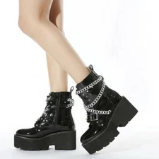 Women's Platform Ankle Boots Chain Buckle Block Heels Round Toe Punk Shoes Club