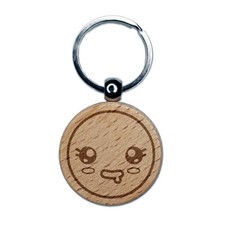 Kawaii Cute Sparkly Eyes Drool Face Engraved Wood Round Keychain Tag Charm