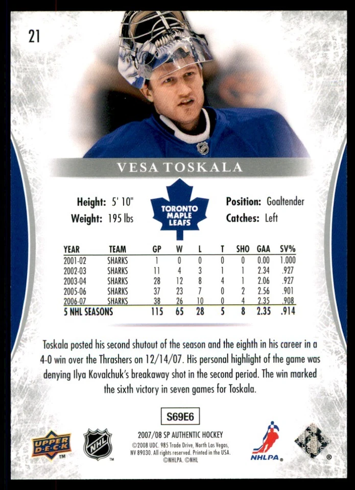 2007-08 SP Authentic Vesa Toskala #21 - Image 2 of 2