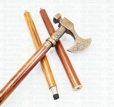 Brass Antique Viking Axe Engraved Handle 3 Fold Brown Wooden Walking Stick Cane