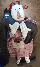 Vintage 22" Folk Art Fabric Rag Doll Button Eyes Handmade Woman & Pet 