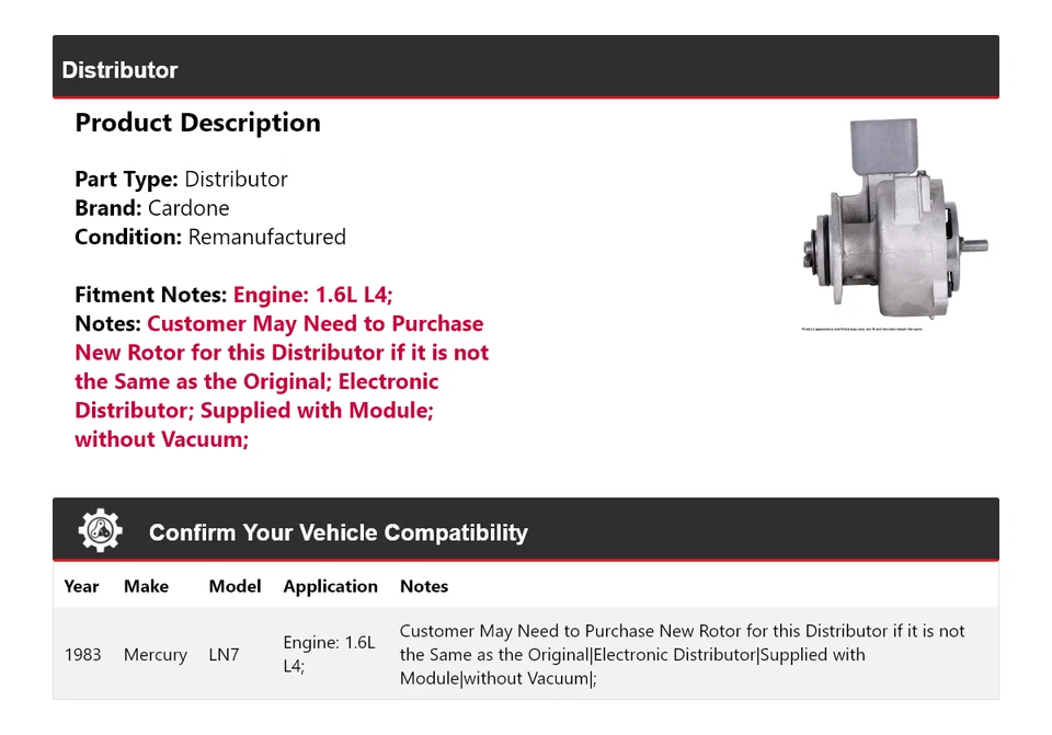 Cardone distribuidor Mercury LN7 1983 1,6 L L4 Foto 2 de 4