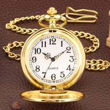 Smooth Gold Quartz Analog Pocket Watch with Pendant Chain Gifts for Women Men