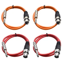 Four 1/4" to XLR Female Patch Cables 2' Extension Cords Jumper, Various Colors