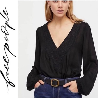 Free People NWT Size Large Crocheted Classic Beautiful Black Bodysuit Top  NEW