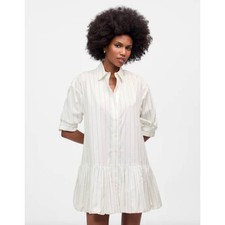 Madewell Bubble Hem Mini Shirtdress Pinstripe Poplin Cotton White Large NWT