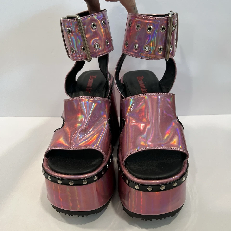 Demonia Camel 102 Stacked Pink Hologram Platform Sandals Punk Grunge Whimsigoth - Image 2 of 4