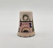 1979 C Stines Signed Hand Painted Christmas Fireplace Scene Porcelain Thimble