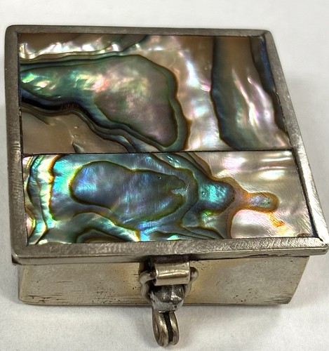 VTG Alpaca Mexico Abalone Shell Trinket Pill Jewelry Case Box Iridescent Inlay