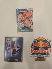 Sealed Red bull Double Don Pack + Luffy Promo (PRB02-005) + Red Bull Sticker