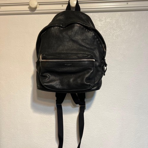 YSL Saint Laurent Backpack with Front Pocket Bag Black Leather Logo Women's