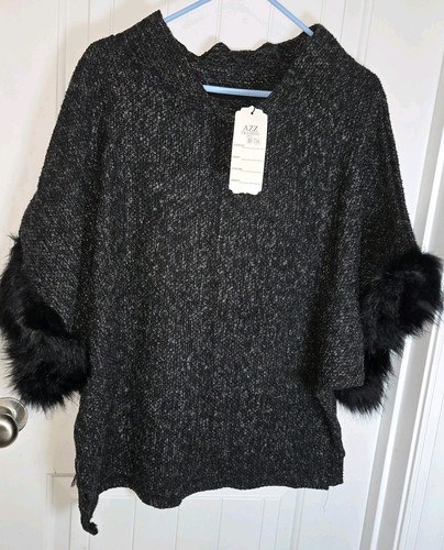 AZZ Trading Inc Poncho Womens OS Gray Black Faux Fur Trim Mock Neck Viscose NEW