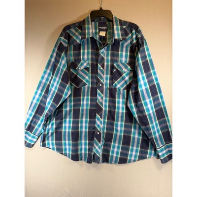 Wrangler Mens Blue Green Plaid Western Snap Long Sleeve Shirt XXL MX22919