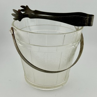 Vintage Textured Glass Ice Bucket & Hammered Metal Claw Tongs Small 5 ¼'' H