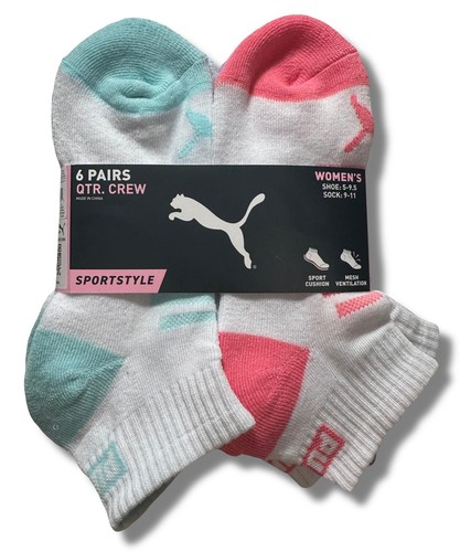 PUMA SOCKS WOMEN'S - QUARTER 243 - GLEE AQUA PINK - SHOE SZ 5-9.5 - PACK 6 - Afbeelding 1 van 2