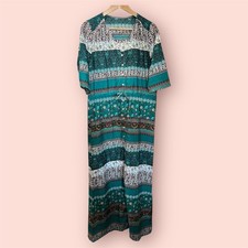 Boho Hippy Maxi Dress - Size Small - Floral Green Cream pattern - Pearl Buttons