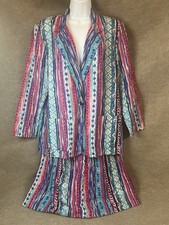Vintage Suit Skirt Jacket Blazer 12 M L 80s 90s Colorful Retro Secretary Boho