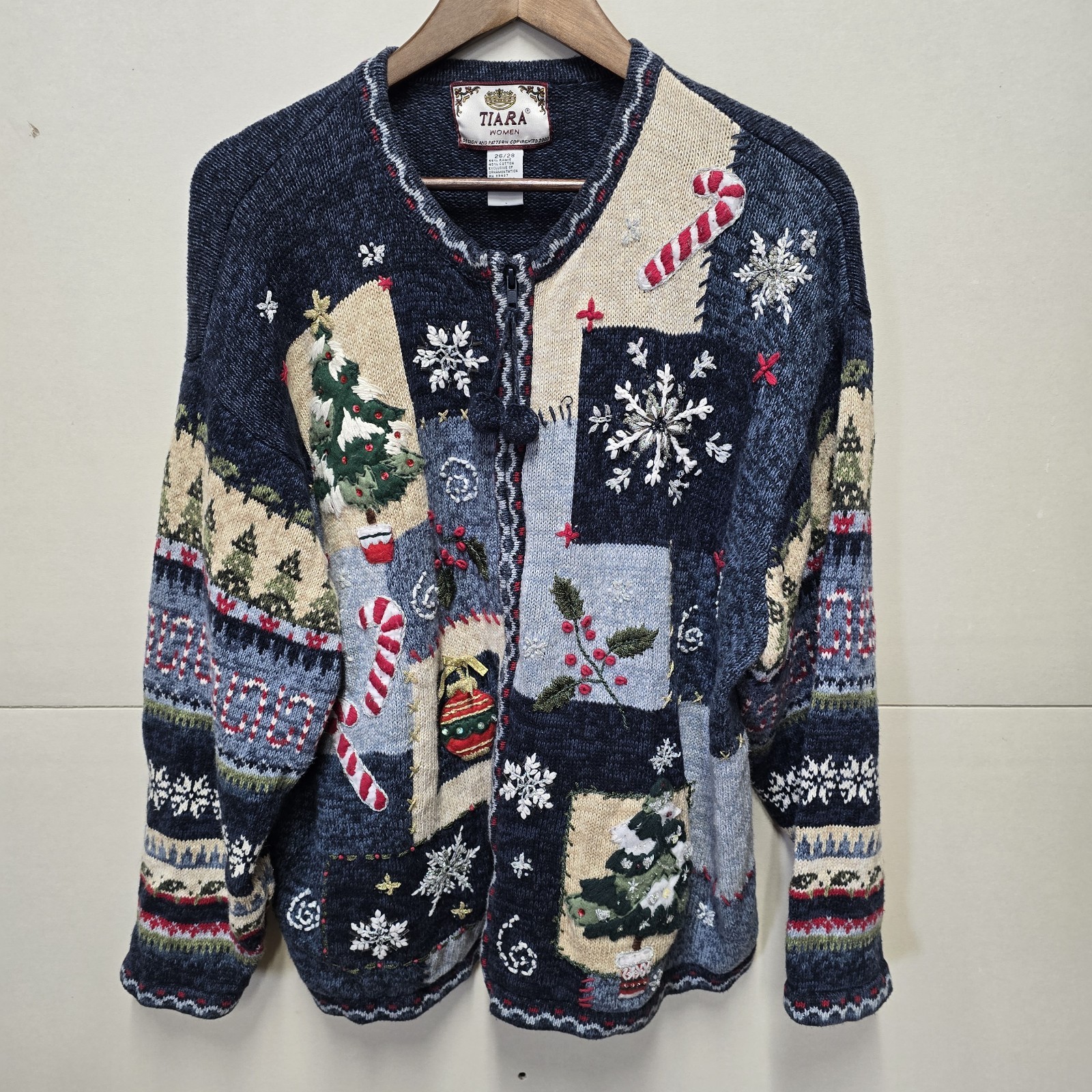 VTG Tiara International Womens S Christmas Ugly Sweater Cardigan Tree Snowflakes