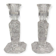 Vintage Pair Set Cut Lead Crystal Candle Stick Holders Pinwheel Pattern 6" High