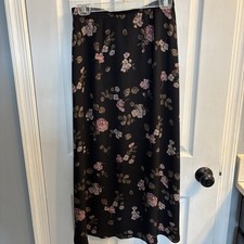 Vintage Talbots Floral 100 Silk Midi Skirt Size 8 Black A Line Y2K Side Stretch