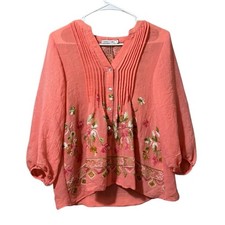 Figueroa  Flower Embroidered Button Down Tunic Top Boho Pleated Women Sz Small