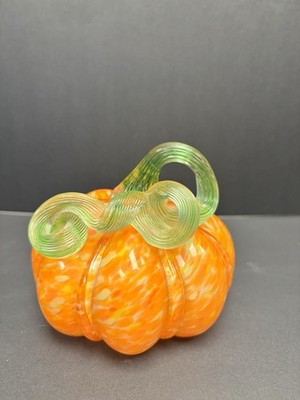Hand Blown Art Glass Pumpkin   Bright Orange with Green Curled Stem   Fall Décor